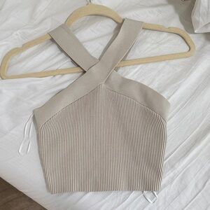 Babaton Beige Ribbed Halter Tank Top